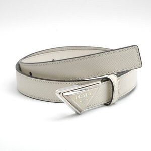 Prada Belt Leather White Silver Triangle Logo Saffiano